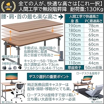 人間工学昇降ゲーミングデスク高44-78幅120×奥行60昇降式